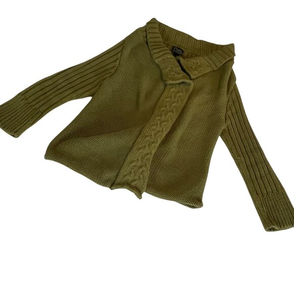 Pure Olive Green Knit Cardigan Sweater S/m Handknit Ribbed Sleeves Cable Knit - Picture 2 of 9